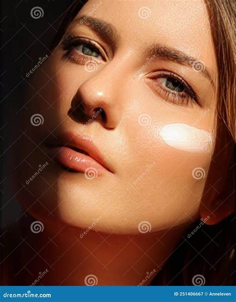 Beauty, Suntan Spf and Skincare Cosmetics Model Face Portrait, Woman with Moisturising Cream ...