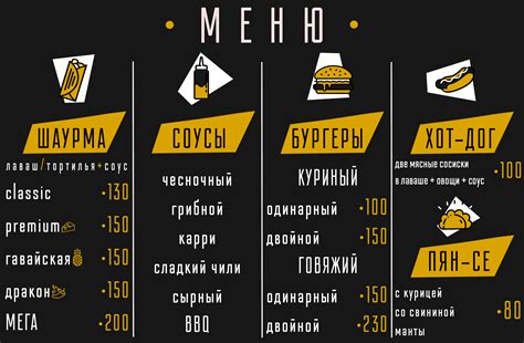 Меню для фастфуда