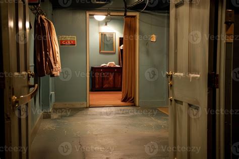 Backstage area showing dressing rooms and costumes hanging 50965148 ...