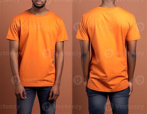 Photo realistic male orange t-shirts with copy space, front, and back ...