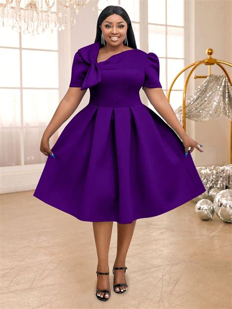Plus Size Spring Purple Easter A Line Skew Collar Bow Curve Women ...