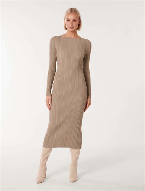 Evie Long-Sleeve Rib Knit Dress in Light Brown - Size 4 to 16 - Women's ...
