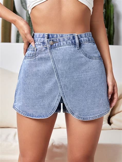 Skort denim envolver frente | Abiti magliette, Abiti, Magliette