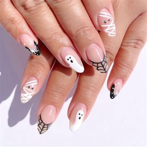Halloween ghost graffiti french short almond press on nails – Artofit