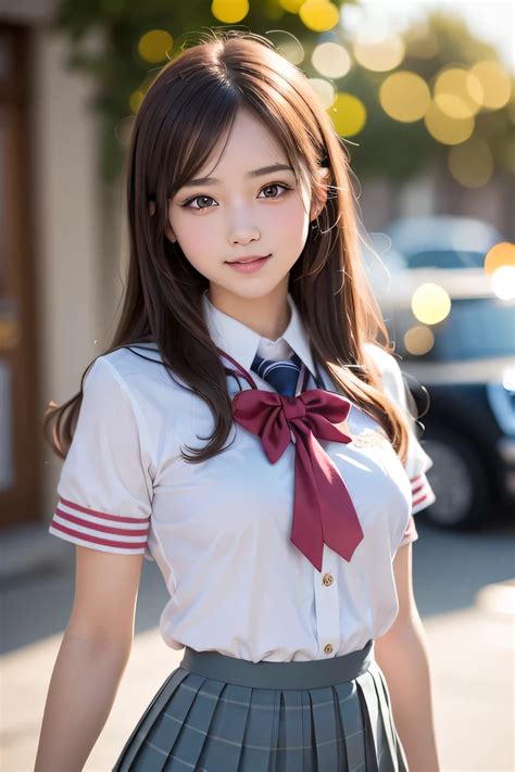 (2 girls brown hair, wonderful face and eyes, smile、small breasts、pink eyes, (high school ...