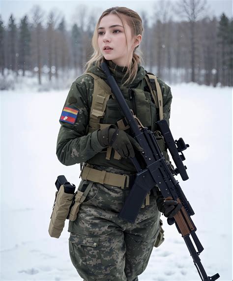 arafed female soldier with a rifle in the snow, olya bossak, russian national guard, russian ...