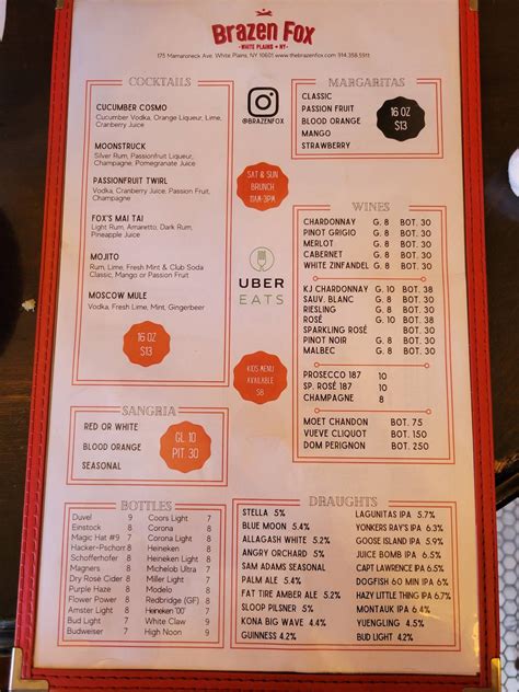 Menu at The Brazen Fox pub & bar, White Plains