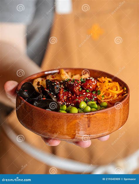 Hawaiian Spicy Chicken Poke Bowl with Kimchi Stock Image - Image of ...