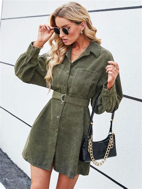 Drop Shoulder Belted Corduroy Shirt Dress | Corduroy dress outfit ...