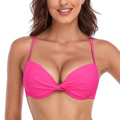 RELLECIGA Women's Push Up Bikini Top Twist Front Underwire Hot Pink ...