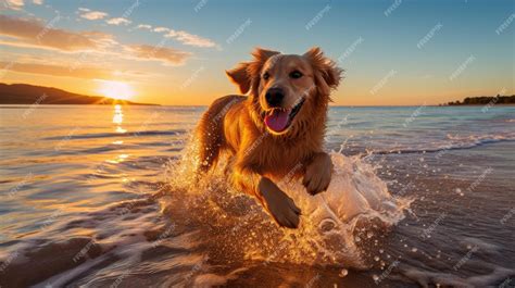 Premium AI Image | A golden retriever enjoying a beach day at sunset
