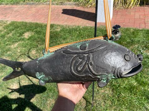 Japanese Huge Antique Cast Bronze Fish Bell Gong with Hardwood Striker ...