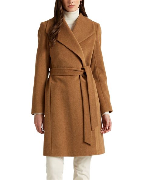 Lauren by Ralph Lauren Belted Wool Blend Wrap Coat in Brown | Lyst
