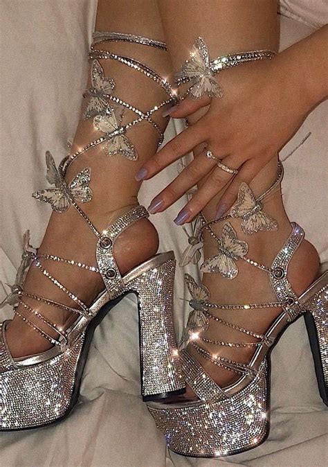 Poster Grl Lace Up Butterfly Platform Heels Rhinestone Diamond Silver ...