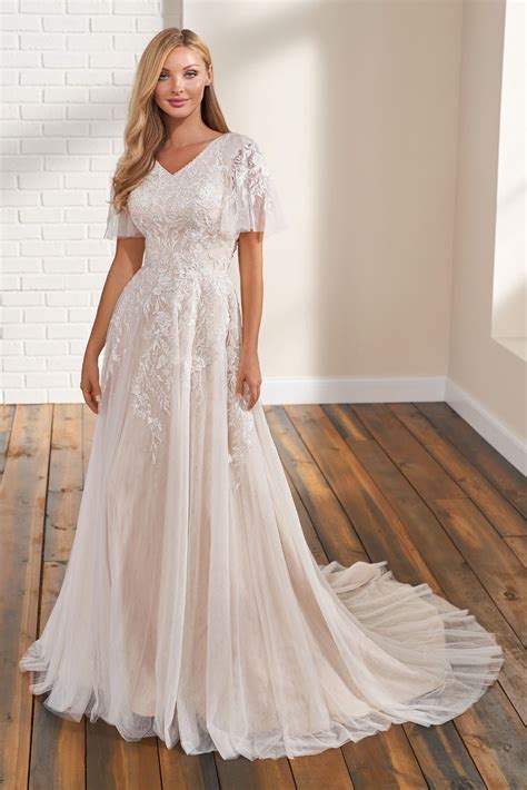 Modest Bridal by Mon Cheri TR12297 Flutter Sleeve V-Neck Bridal Dress ...