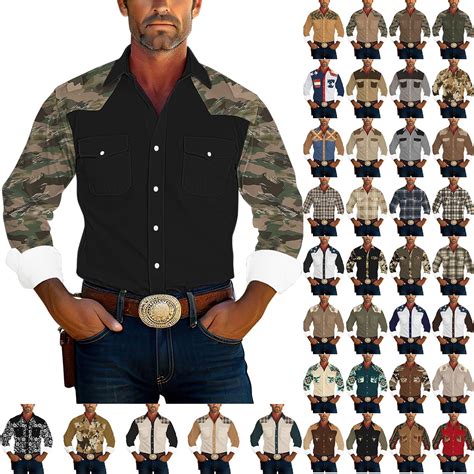 Wrtxtat Men's Western Cowboy Hippie Shirt Vintage Aztec Camo Printed Casual Pearl Snap Button Up ...