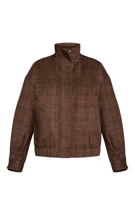 Brown Checked Funnel Neck Bomber Jacket | Outerwear | PrettyLittleThing USA