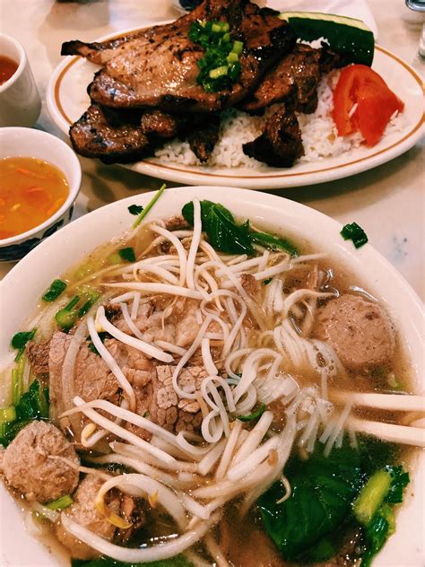 Pho with brisket, tripe, rare steak, and beef meatball and Vietnamese ...