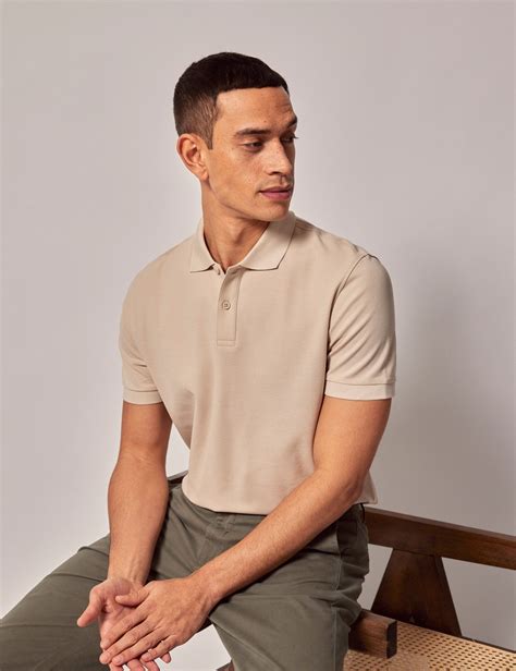 Men's Beige Mercerised Cotton Polo Shirt - Short Sleeve | Hawes and Curtis