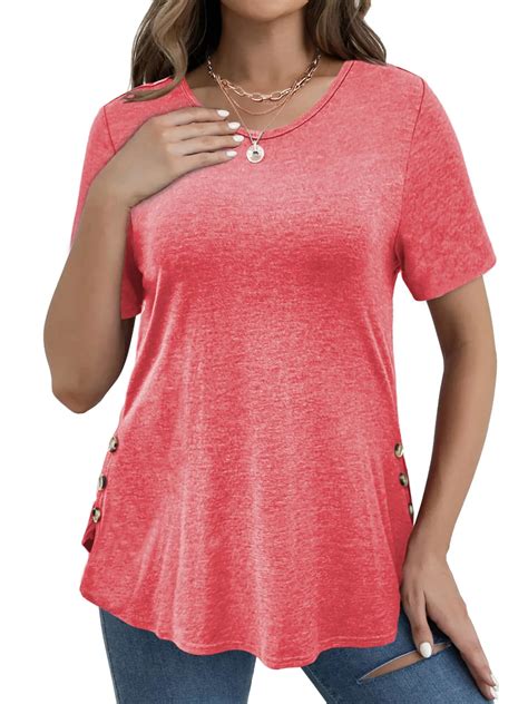 MOSHU Scoop Neck T-shirts for Women Short Sleeve Plus Size Tops Curved ...