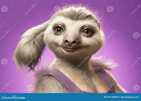 Female Sloth With Fuuny Haircut On Violet Background, Created With ...