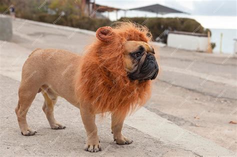 Premium Photo | A french bulldog in the form of a lion walks on the street