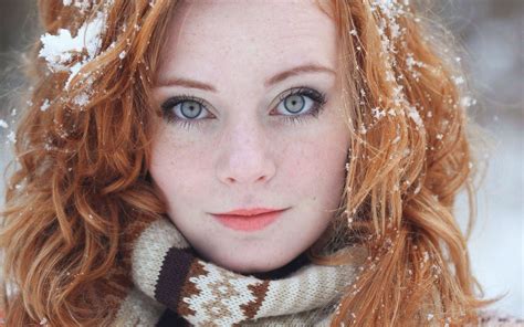 redhead, snow, women, women outdoors, pale, scarf, face, Freyja Vanden ...