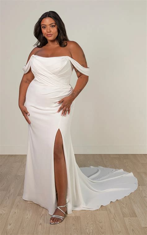 Crepe Off-the-Shoulder Bridal Gown with Draped Bodice