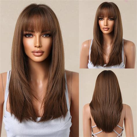 Amazon.com : testar Brown Wig With Bangs,Shoulder Length Straight Wigs ...