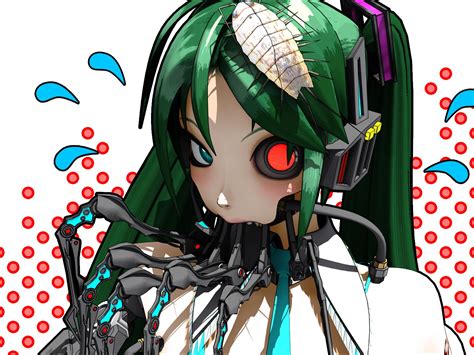 blush calne ca deino green hair hatsune miku red eyes twintails ...