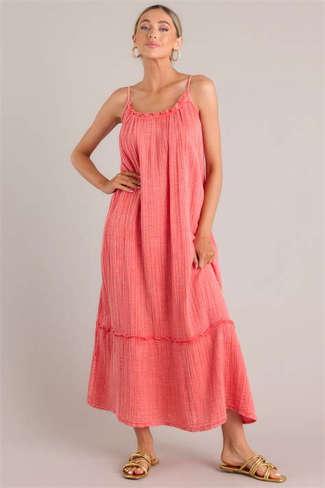 100% Cotton Coral Gauze Maxi Dress - All Dresses | Red Dress