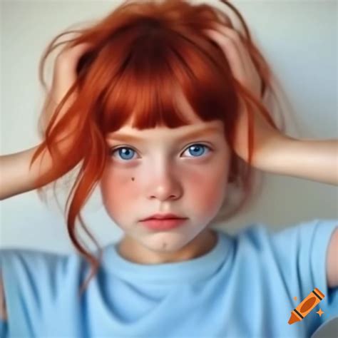 Woman in light blue shirt with natural red hair and deep blue eyes ...