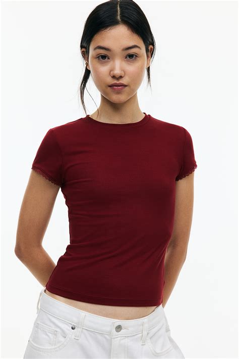 Lace-Trimmed Ribbed T-Shirt - Burgundy - Ladies | H&M US