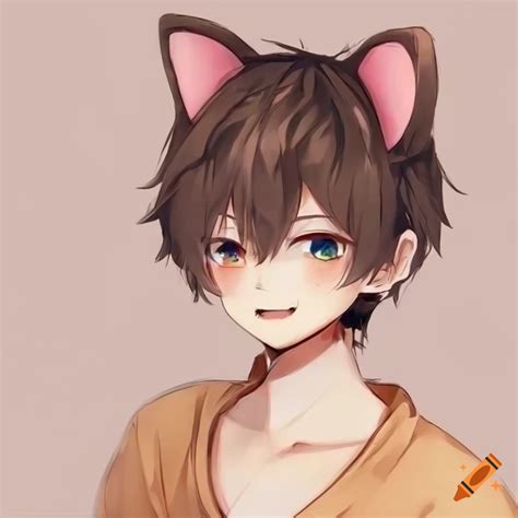 Cute anime cat boy with cat ears and a tail and has brown skin tone on ...