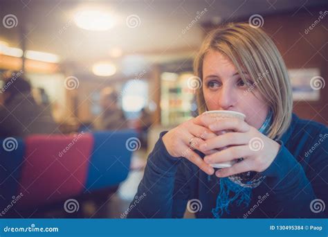 Blond Woman Drinking Hot Coffee Stock Photo - Image of friendly, casual ...