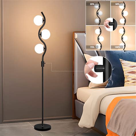 Dimmable Mid Century Floor Lamp, 3-Lights Globe Black Floor Lamp with ...