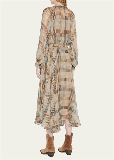 Brunello Cucinelli Peasant Prairie Plaid Midi Dress - Bergdorf Goodman