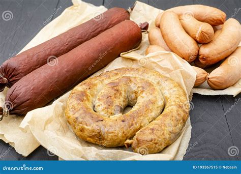 Different Types of Natural Sausages on a Wooden Background Stock Image ...