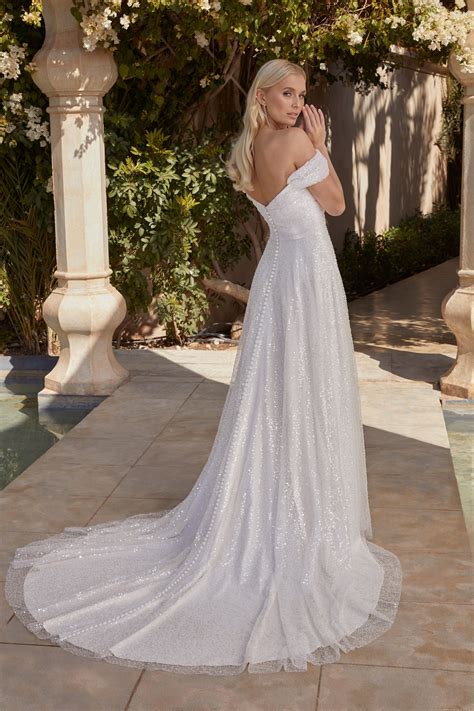 44428: Sequined Tulle Off-the-Shoulder Slim A-Line with Skirt Slit | Sincerity Bridal