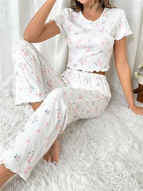 Floral Print Lettuce Trim PJ Set / Pajama Set | Night wear pajamas ...