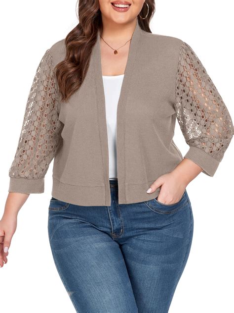 Cueply Womens Plus Size Cardigan Shrugs 3/4 Sleeve Open Front Cropped ...