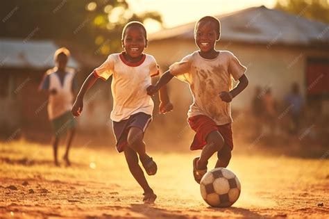 Happy african kids playing with ball Childrens football game Outdoor ...