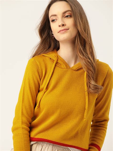 Buy DressBerry Women Mustard Yellow Solid Hooded Pullover - Sweaters ...