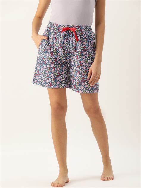 Buy Kryptic Women Navy Blue & Pink Printed Pure Cotton Lounge Shorts ...