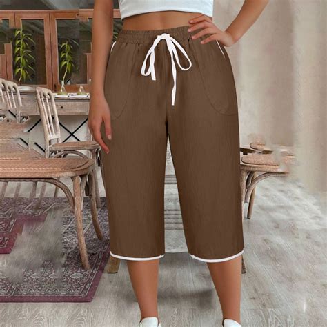 CLOISE Womens Capri Pants Athletic Plus Size Cotton Linen Capris Pull ...