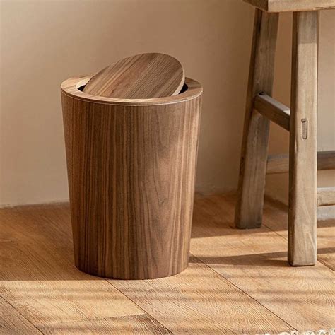 Loyerfyivos Round Wood Trash Can with Lid, Japanese-Style Natural Wood ...