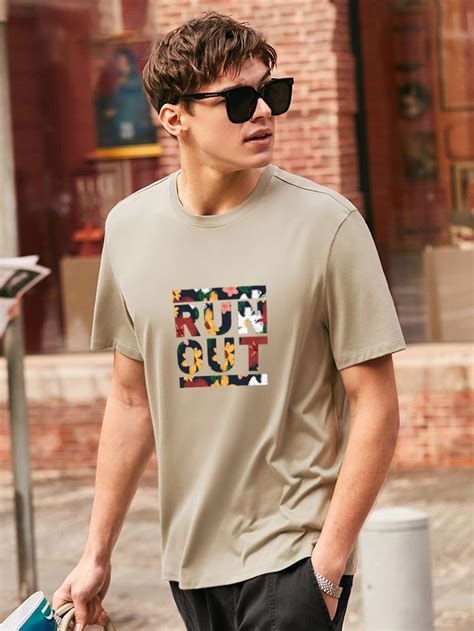 Khaki Casual Short Sleeve Cotton Floral Letter Slight Stretch Summer ...