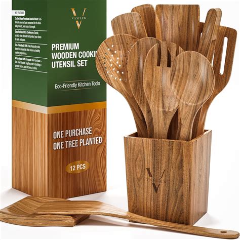 Amazon.com: Vasilek Wooden Cooking Utensils Set – 12-Piece Acacia Wood ...