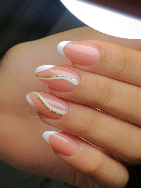 Elevate Your Style with 24pcs Short Oval White French Glitter Striped ...