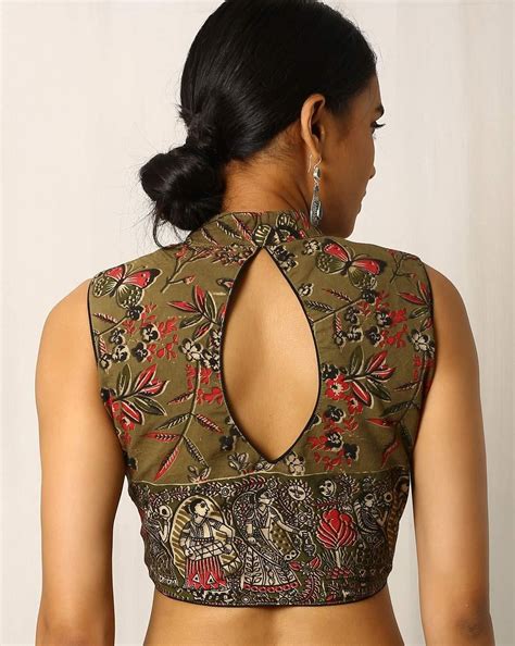 Buy Olive Green Indie Picks Kalamkari Print Sleeveless Cotton Blouse ...